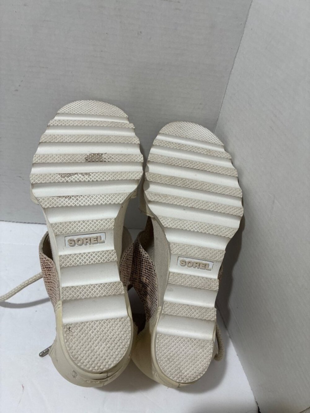 Sorel Womens cream leather Joanie III lace wedge open toe sandals sz 8 snakeskin - Picture 5 of 7